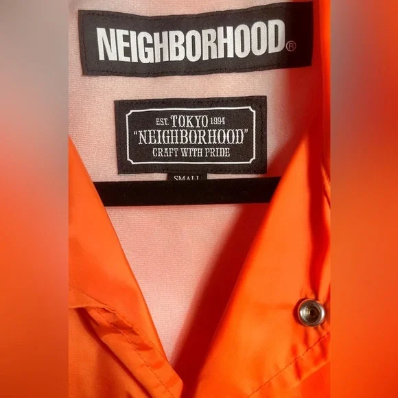 Vintage Neighborhood oversized lightweight nylon snap drawstring Orange Jacket S - Picture 3 of 5
